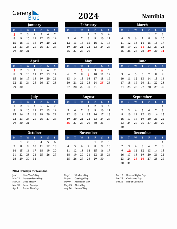 2024 Namibia Holiday Calendar
