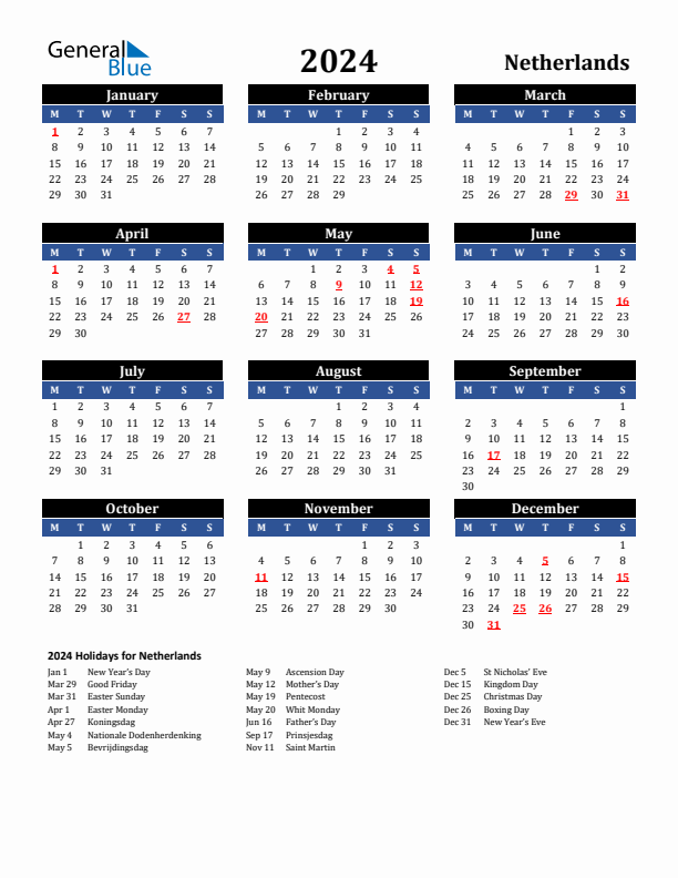 2024 Calendar Black Blue With Holidays Portrait Monday Start En Nl 612x792 