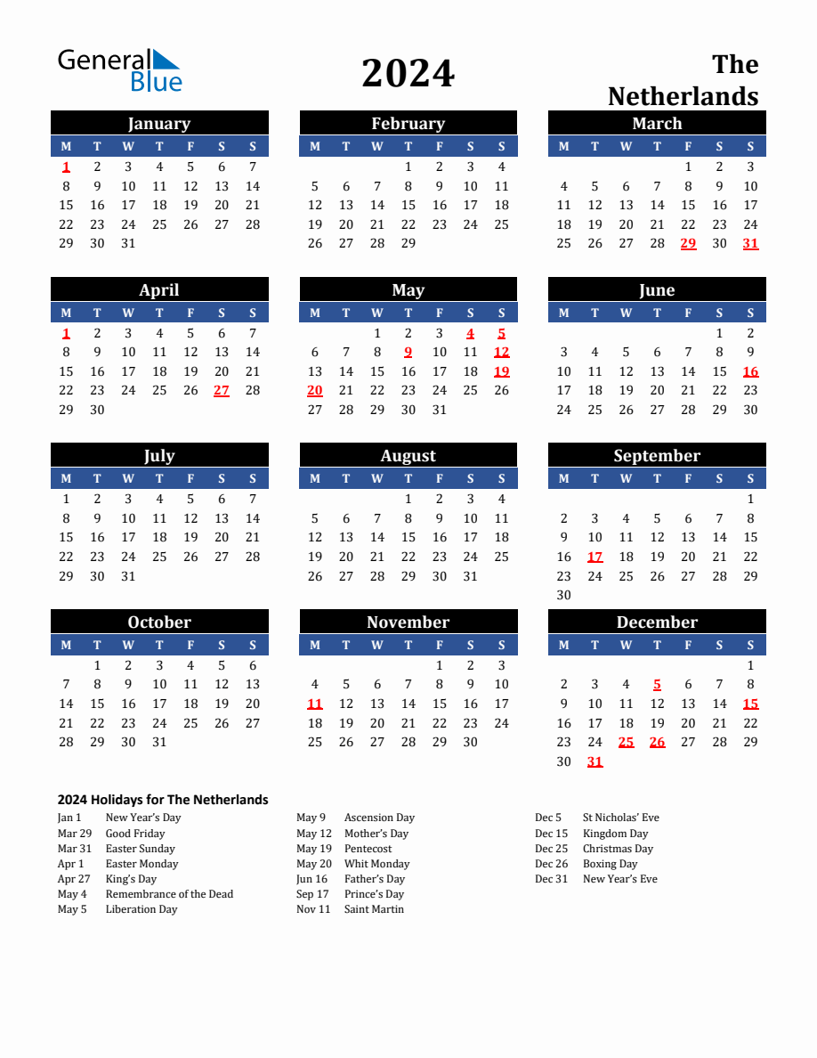 2024 Netherlands Holiday Calendar