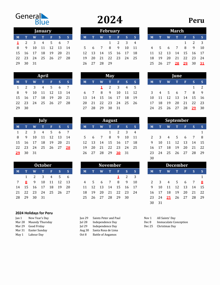 2024 Peru Holiday Calendar