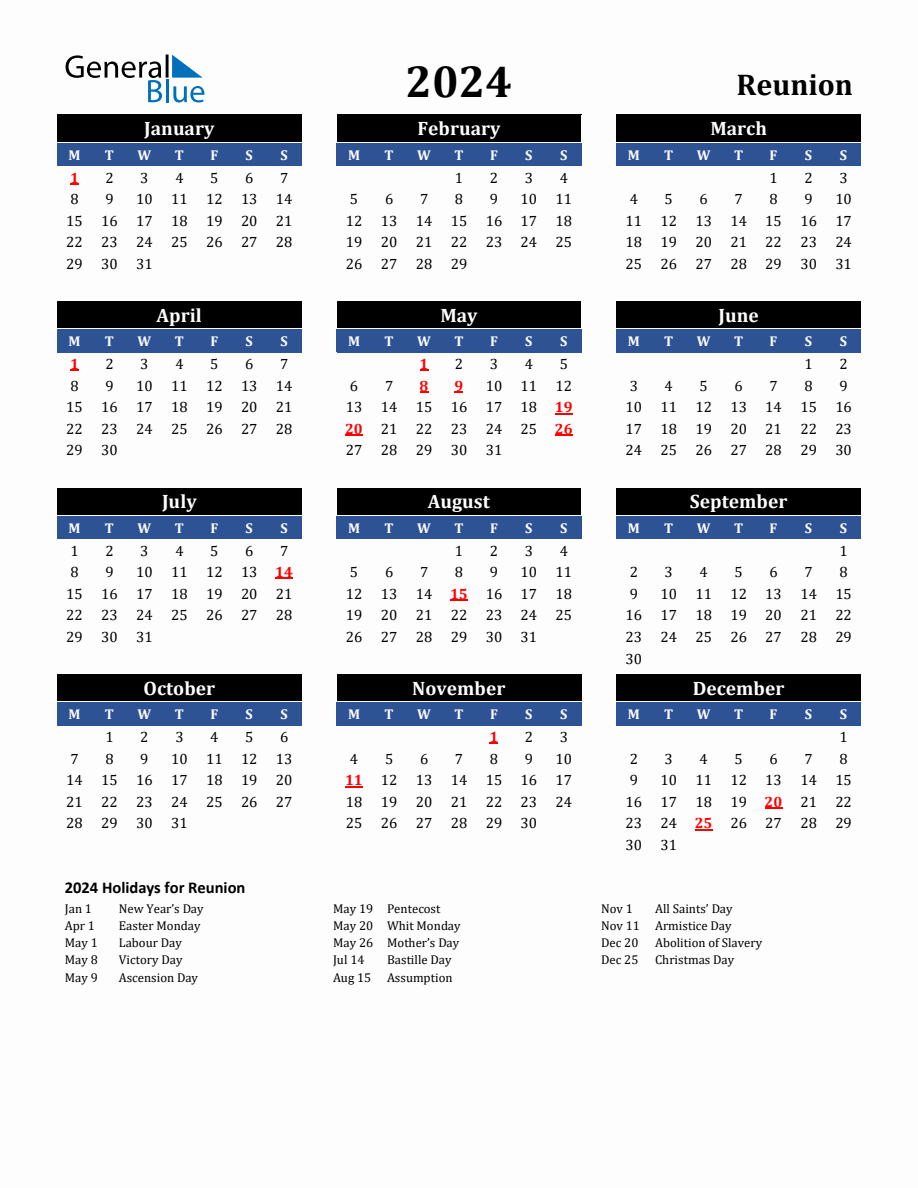 2024 Reunion Holiday Calendar