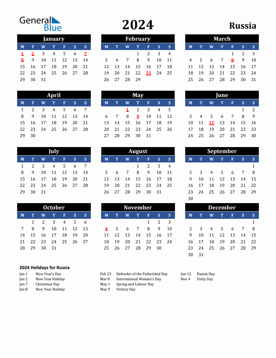 2024 Russia Holiday Calendar