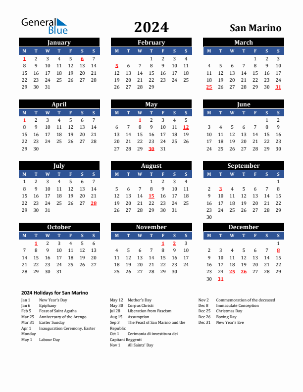 2024 San Marino Holiday Calendar