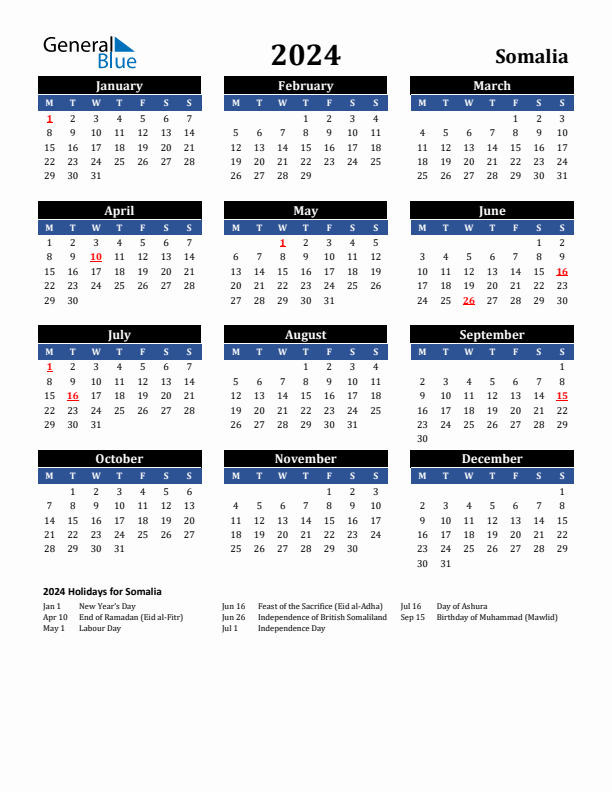 2024 Somalia Holiday Calendar