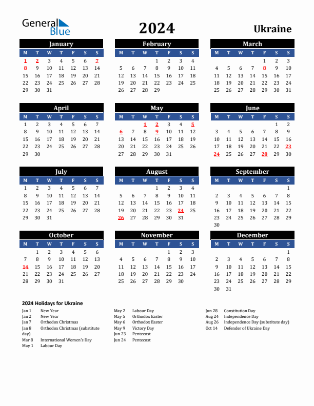 2024 Ukraine Holiday Calendar