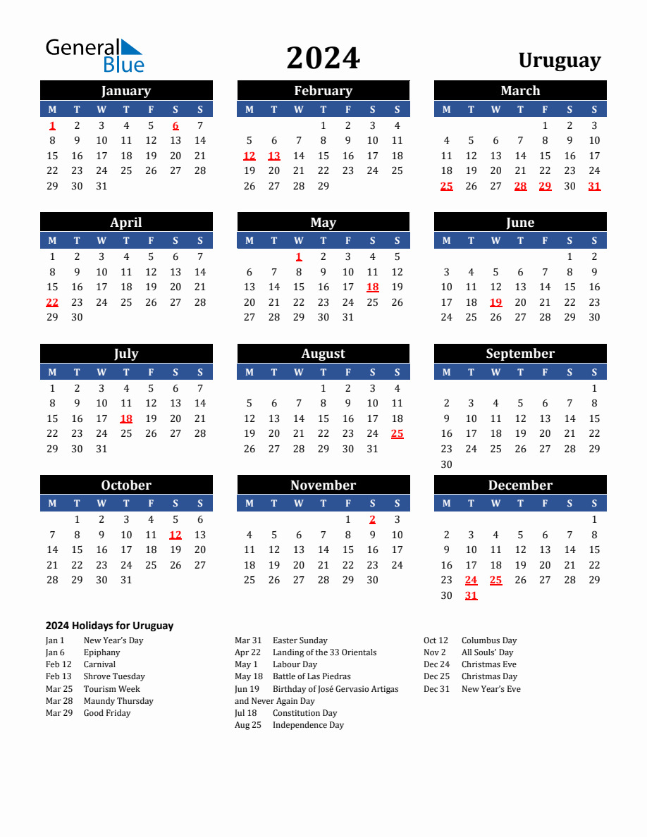 2024 Uruguay Holiday Calendar