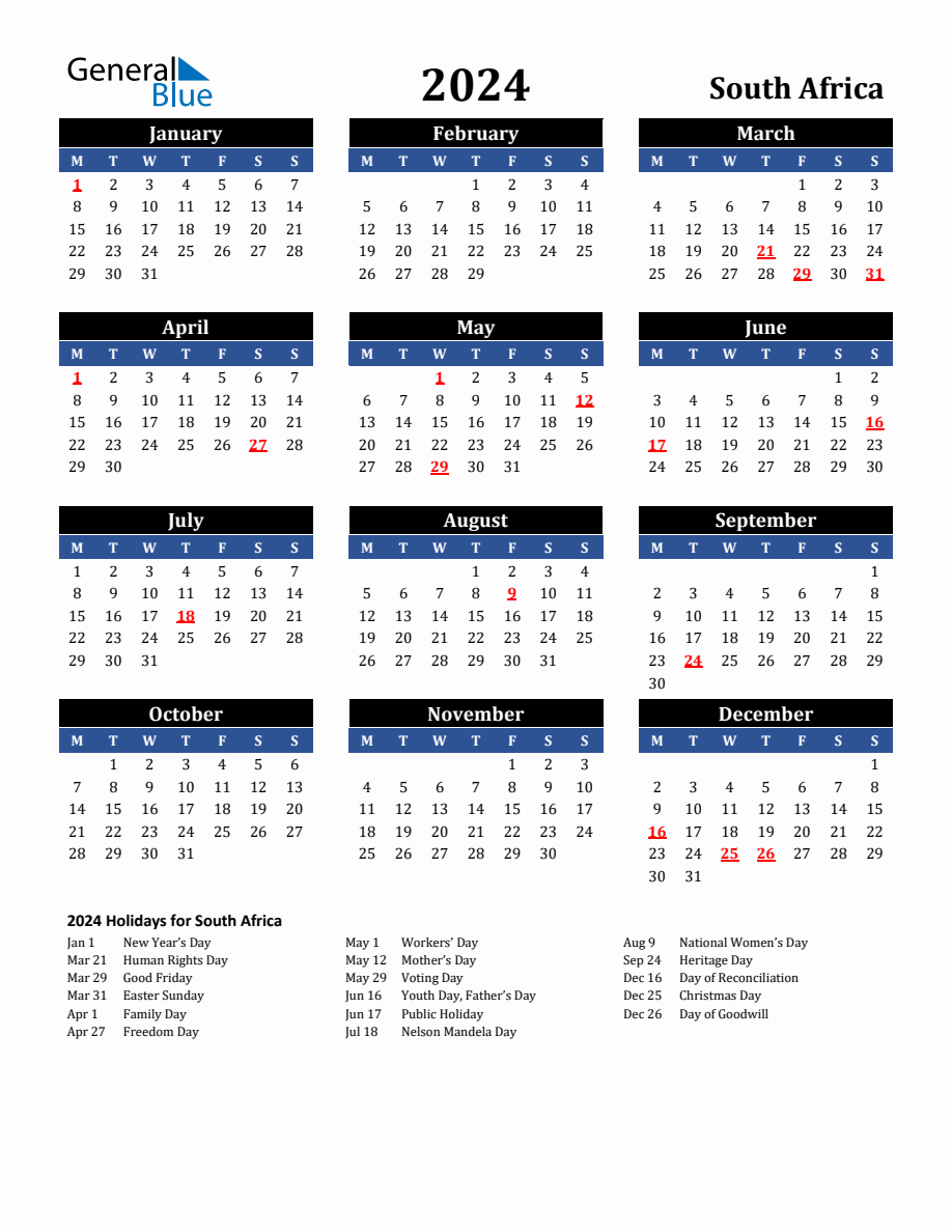 2024 South Africa Holiday Calendar