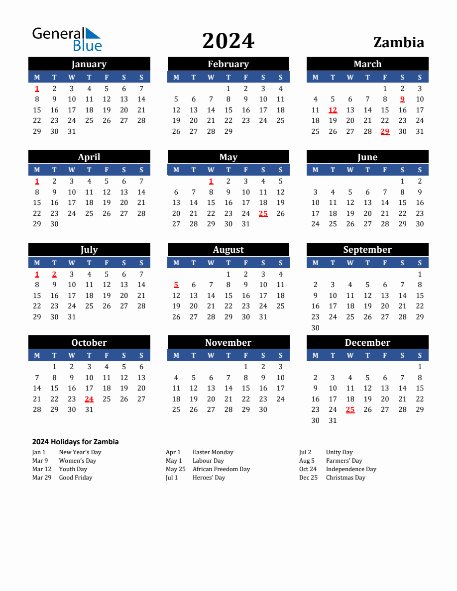 2024 Zambia Holiday Calendar