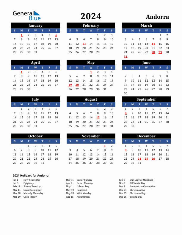 2024 Andorra Holiday Calendar