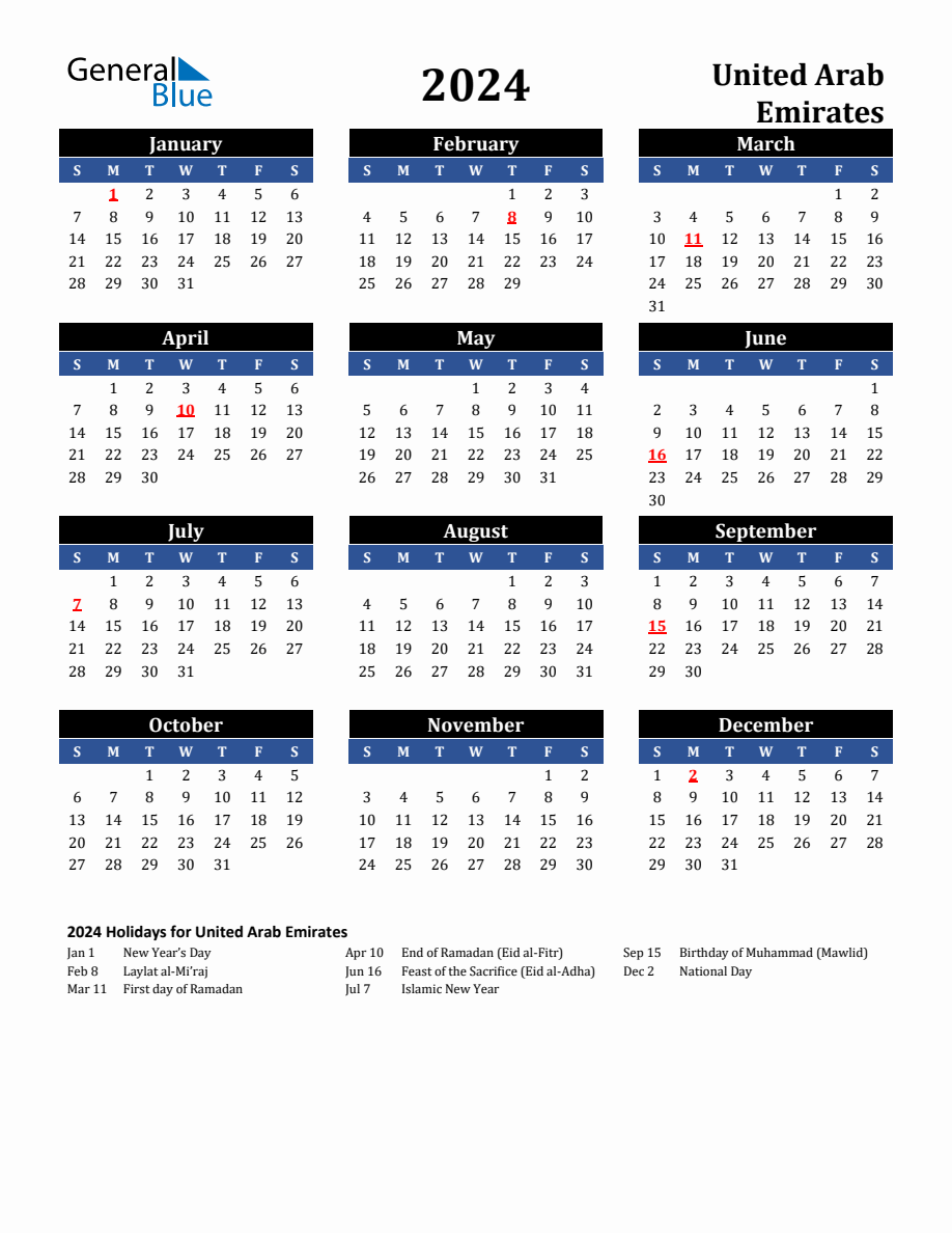 2024 United Arab Emirates Holiday Calendar
