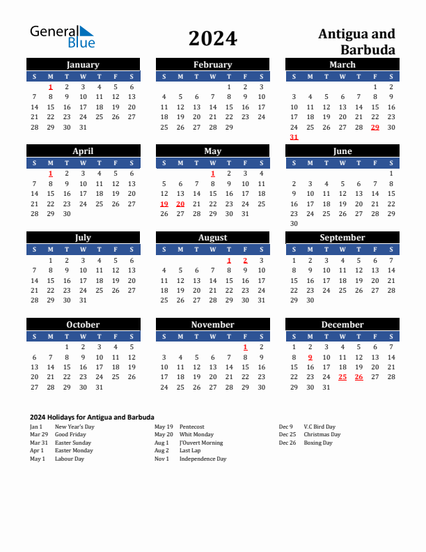 2024 Antigua and Barbuda Holiday Calendar