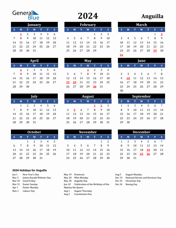 2024 Anguilla Holiday Calendar