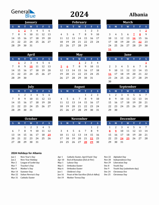 2024 Albania Holiday Calendar