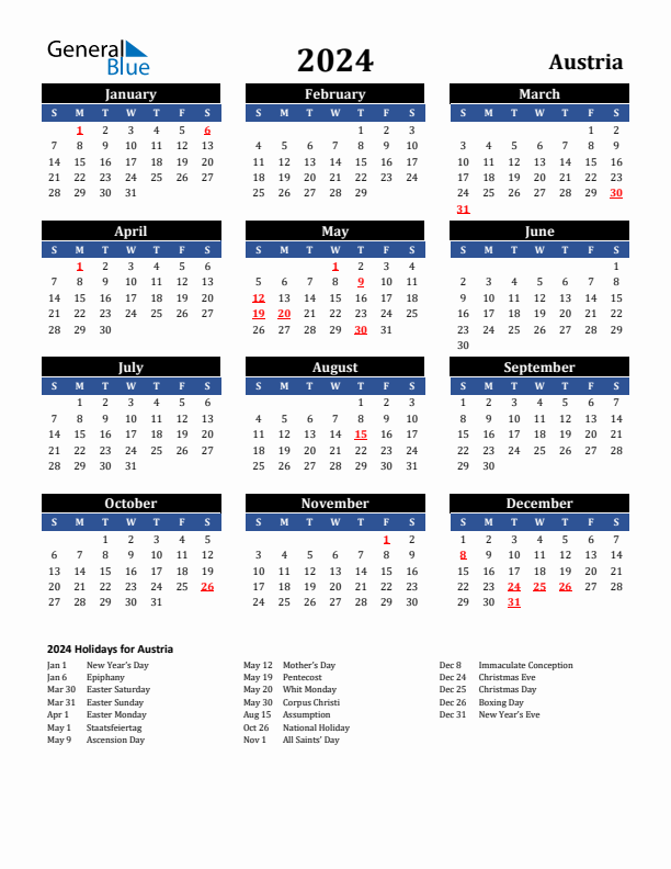 2024 Austria Holiday Calendar