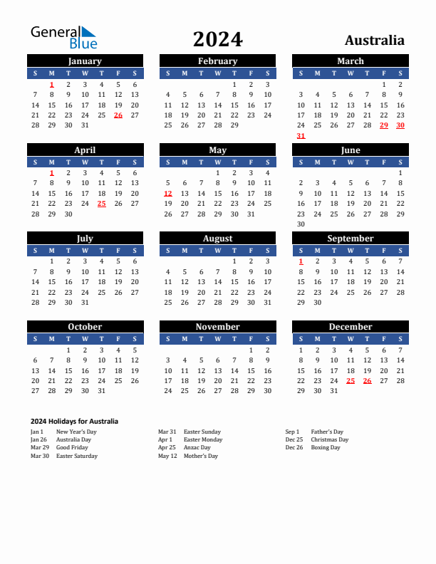 2024 Australia Holiday Calendar