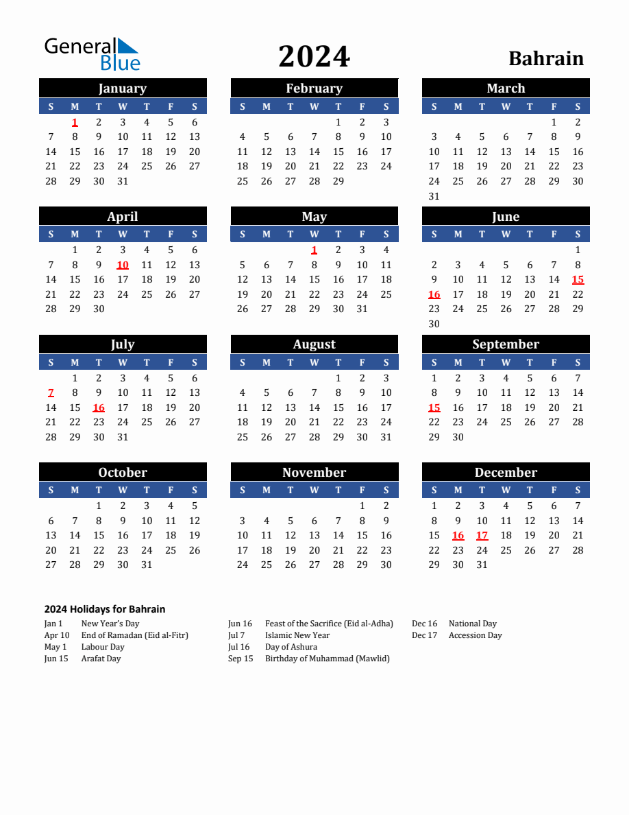 2024 Bahrain Holiday Calendar