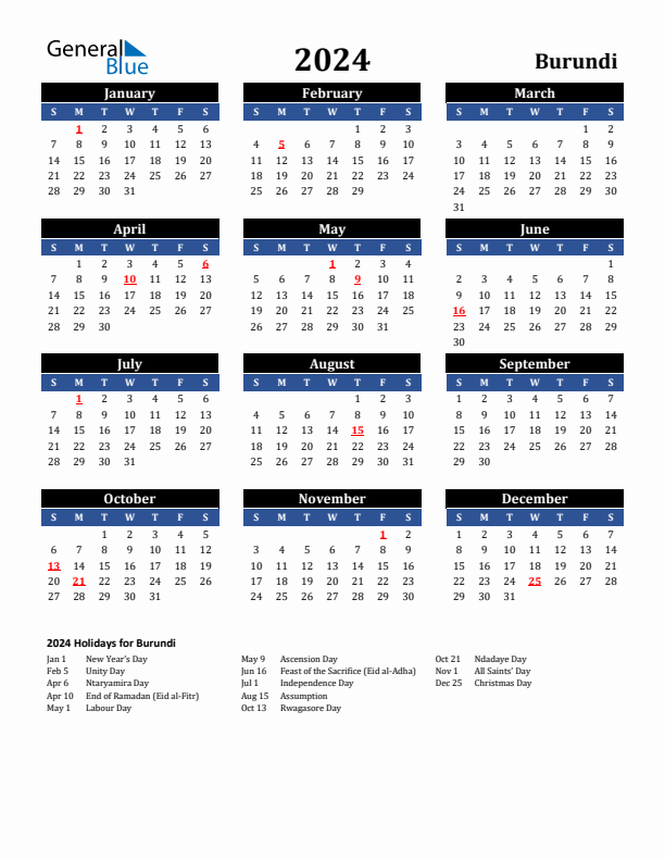 2024 Burundi Holiday Calendar