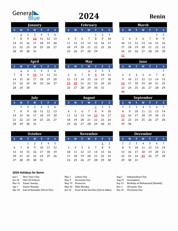 2024 Benin Holiday Calendar