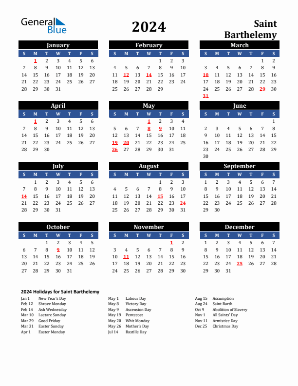 2024 Saint Barthelemy Holiday Calendar