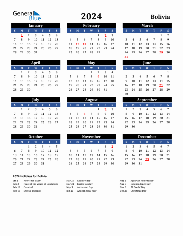 2024 Bolivia Holiday Calendar