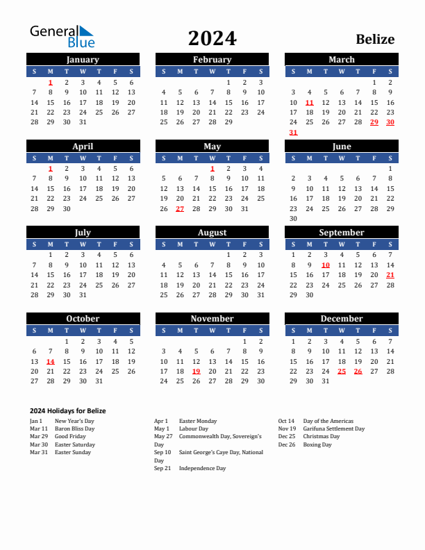 2024 Belize Holiday Calendar