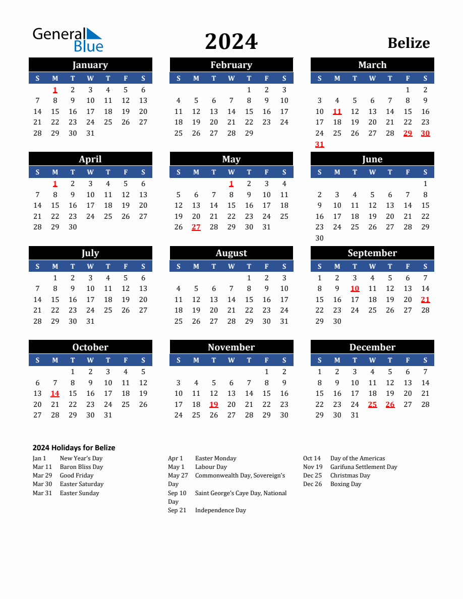 2024 Belize Holiday Calendar