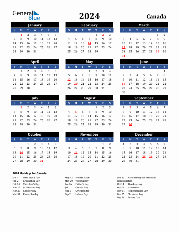 2024 Canada Holiday Calendar