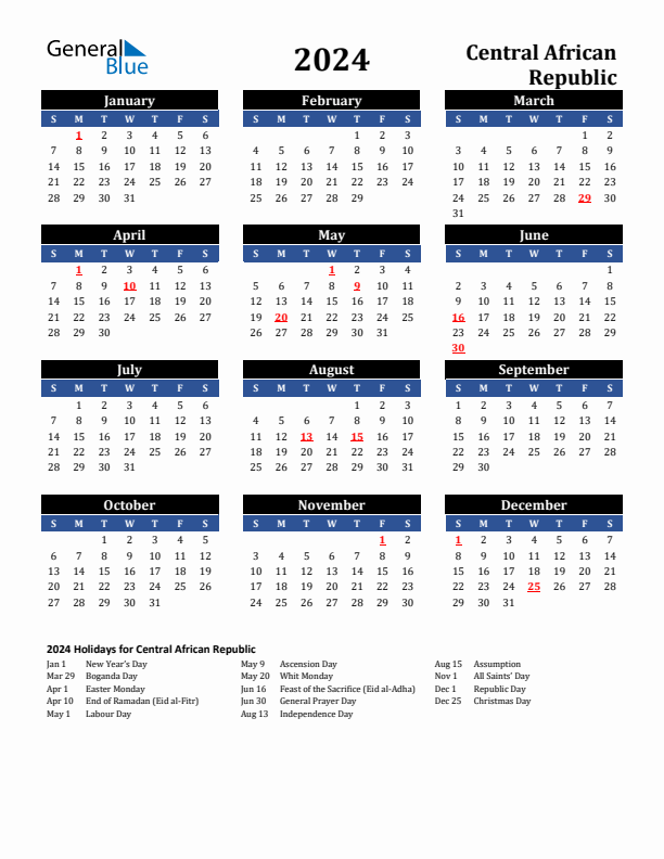 2024 Central African Republic Holiday Calendar
