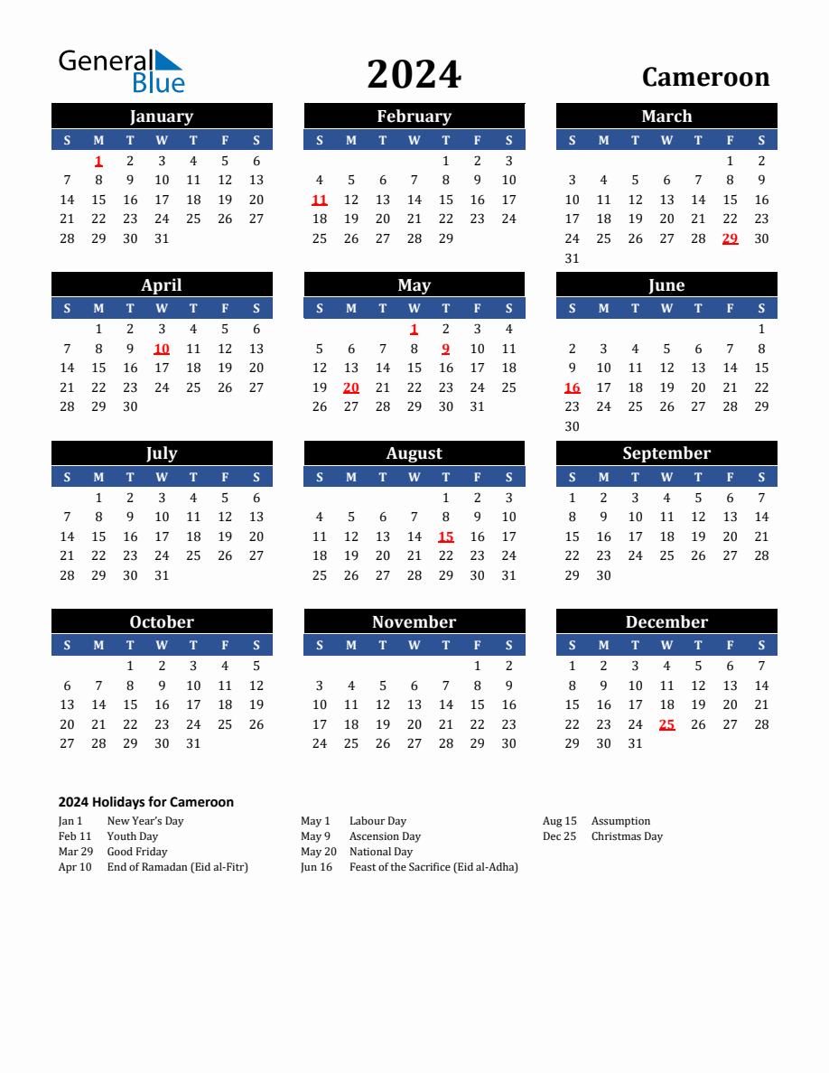 2024 Cameroon Holiday Calendar