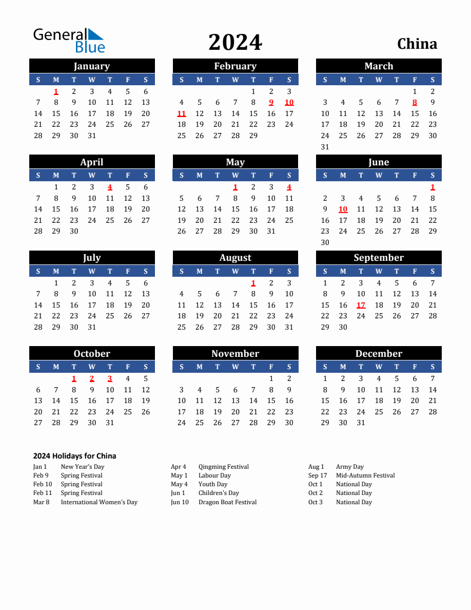2024 China Holiday Calendar