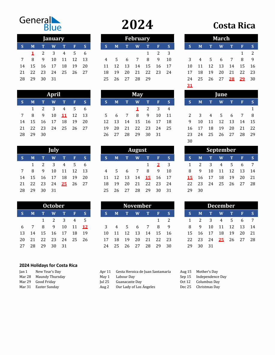 2024 Costa Rica Holiday Calendar