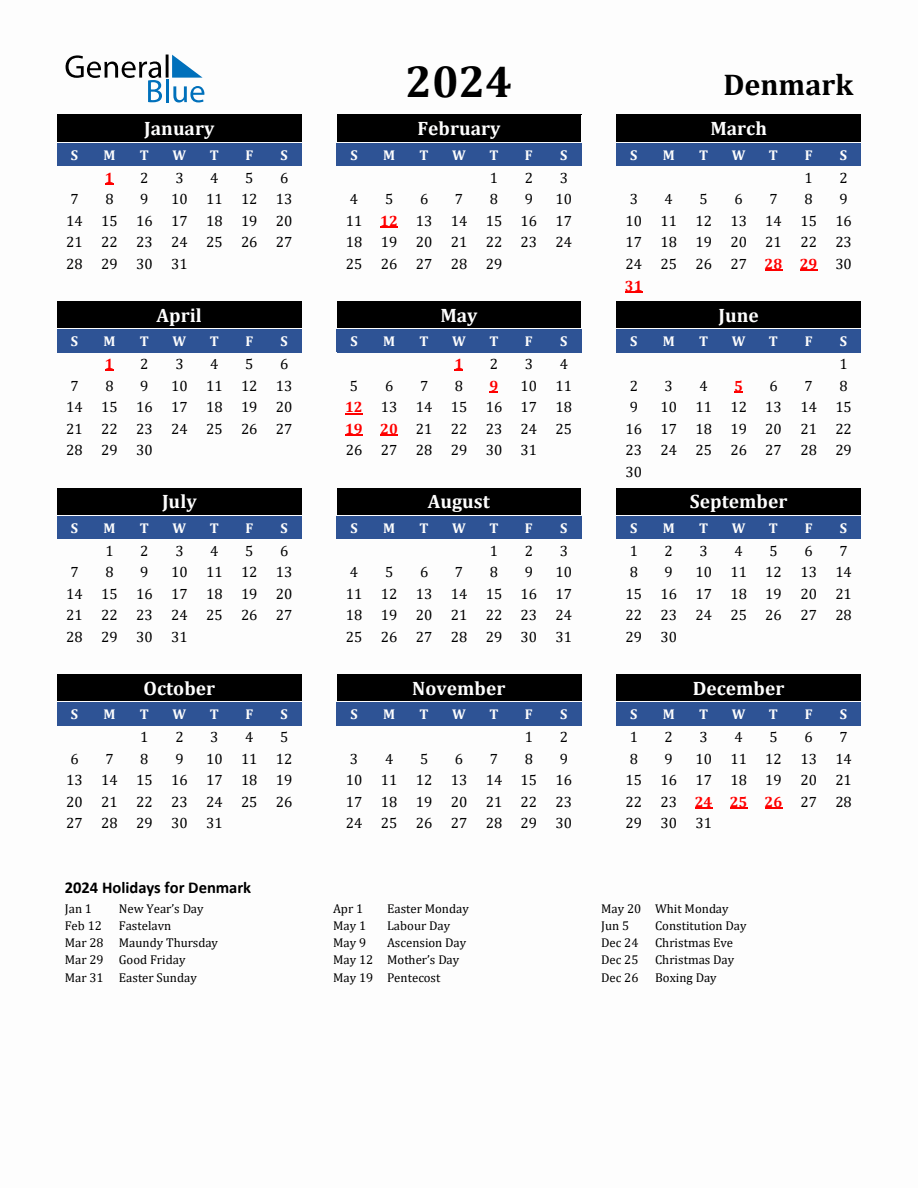 2024 Denmark Holiday Calendar