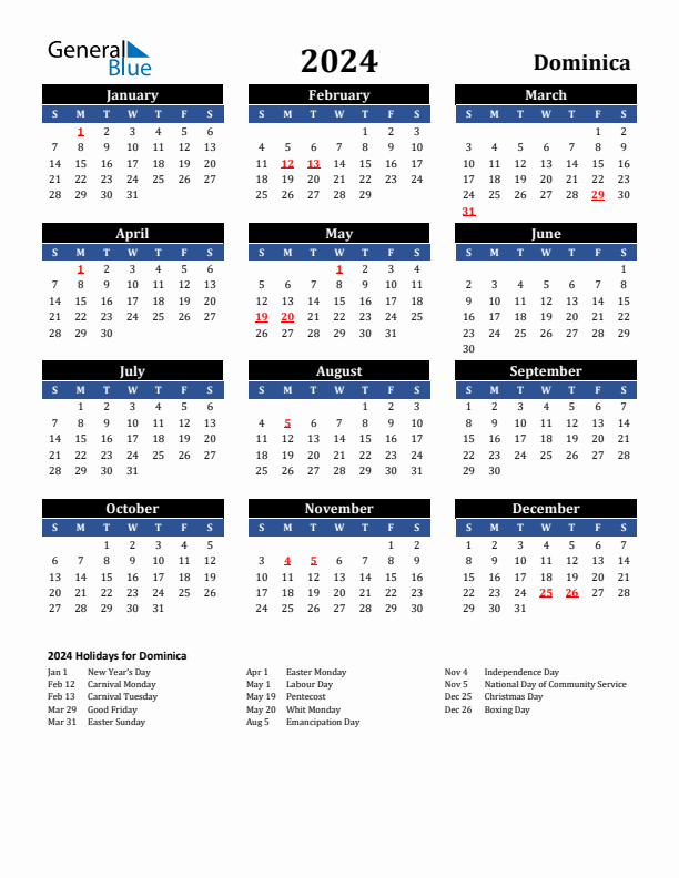 2024 Dominica Holiday Calendar