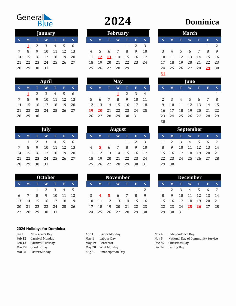 2024 Dominica Holiday Calendar