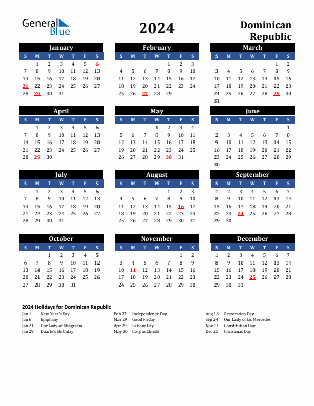 2024 Dominican Republic Holiday Calendar