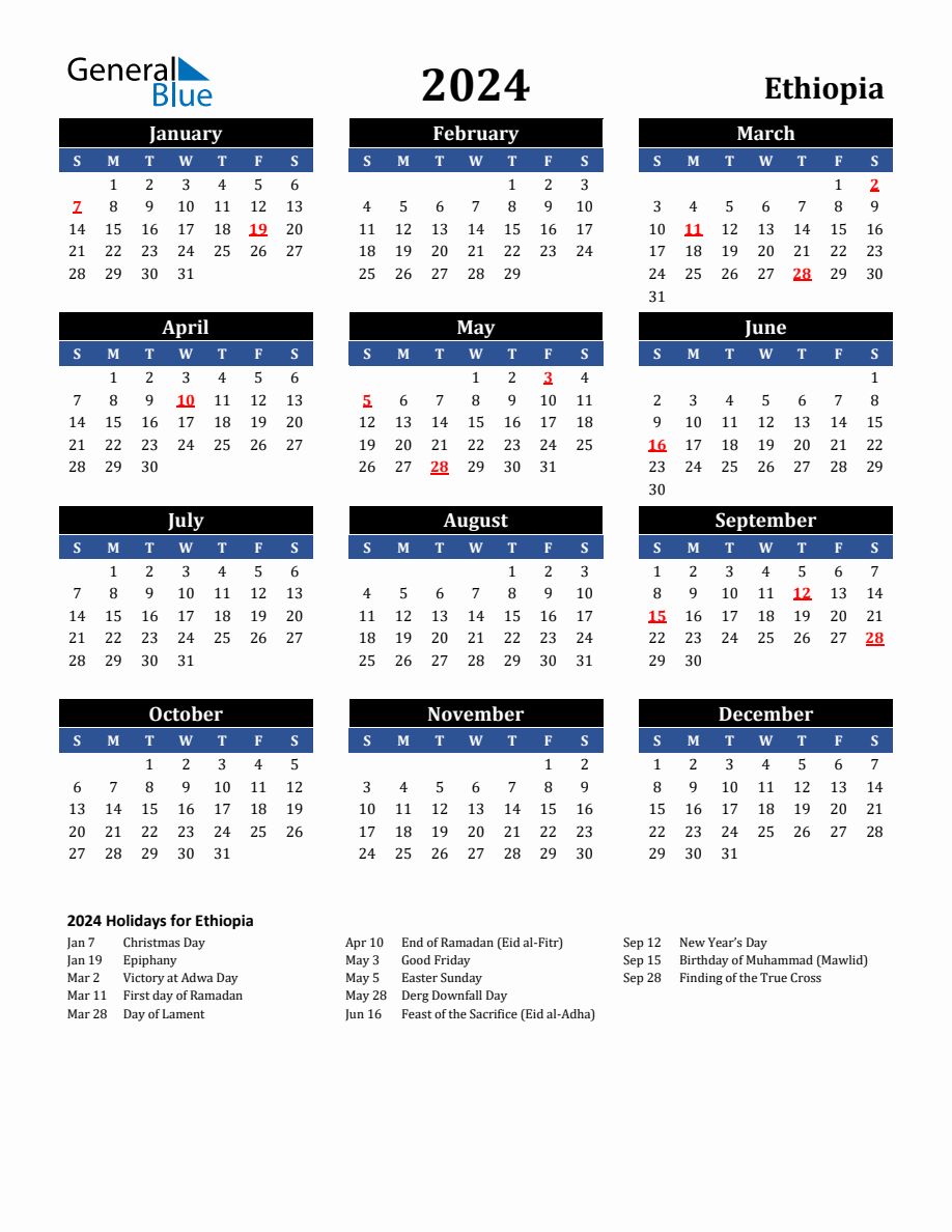 2024 Ethiopia Holiday Calendar