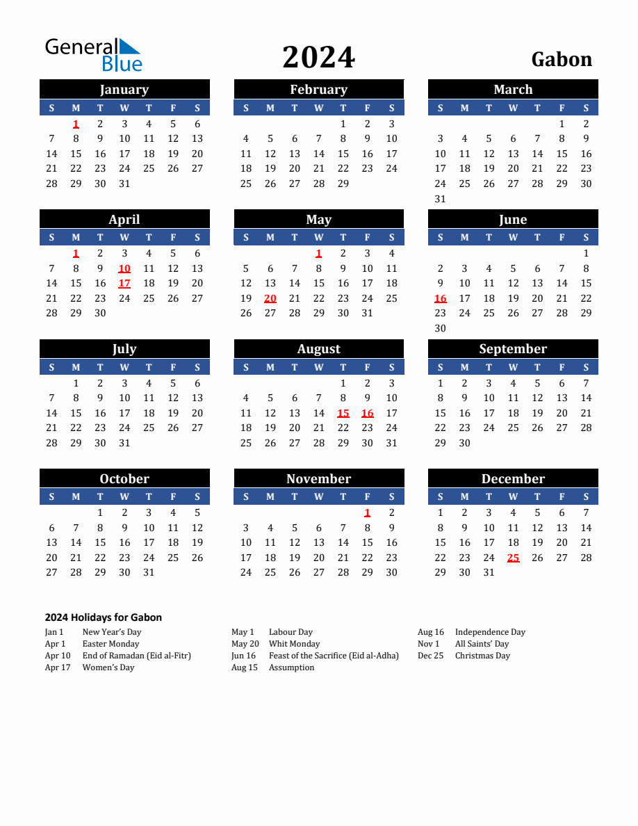 2024 Gabon Holiday Calendar