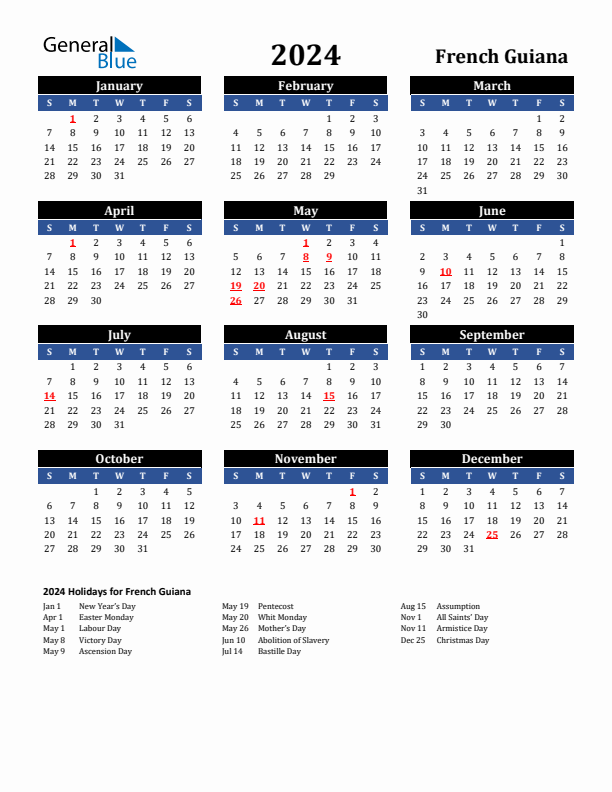 2024 French Guiana Calendar with Holidays