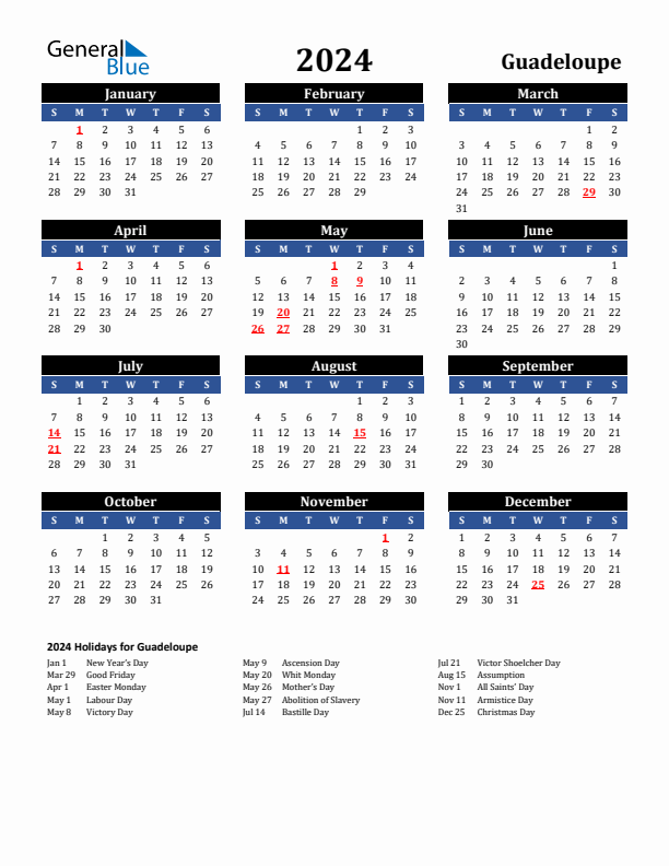 2024 Guadeloupe Holiday Calendar