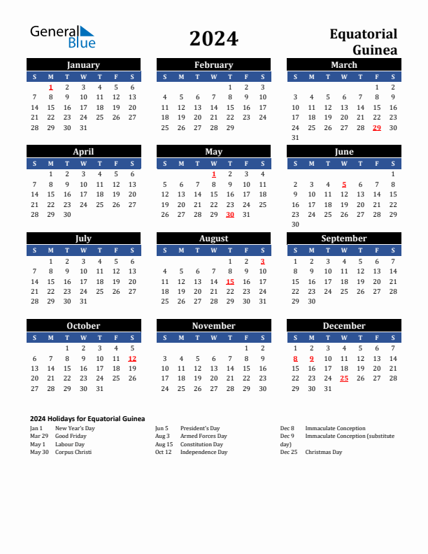 2024 Equatorial Guinea Holiday Calendar