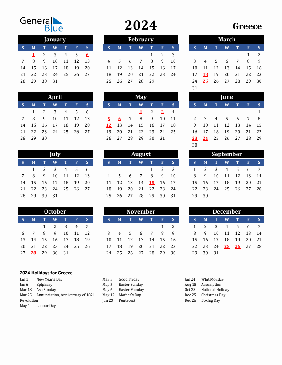 2024 Greece Holiday Calendar