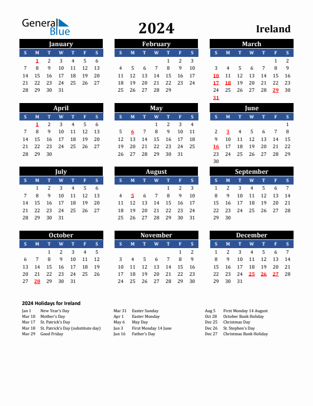 2024 Ireland Calendar with Holidays