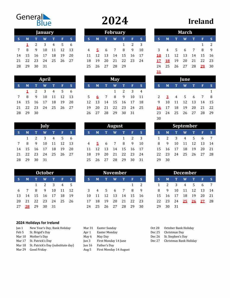 2024 Ireland Holiday Calendar