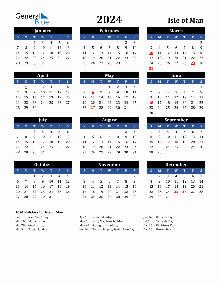 2024 Isle of Man Holiday Calendar