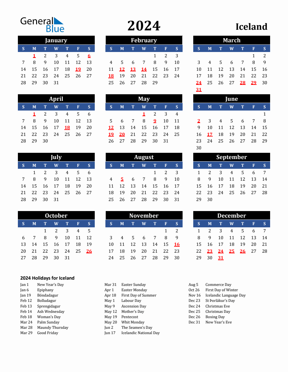 2024 Iceland Holiday Calendar