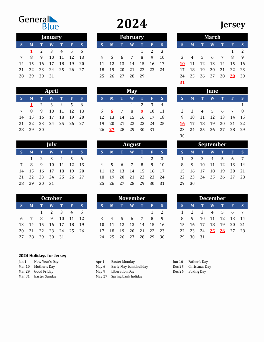 2024 Jersey Holiday Calendar