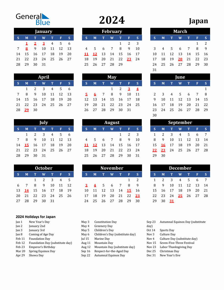 2024 Japan Holiday Calendar