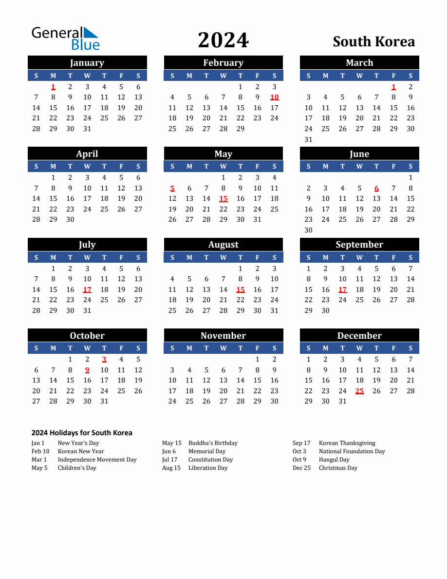 2024 South Korea Holiday Calendar