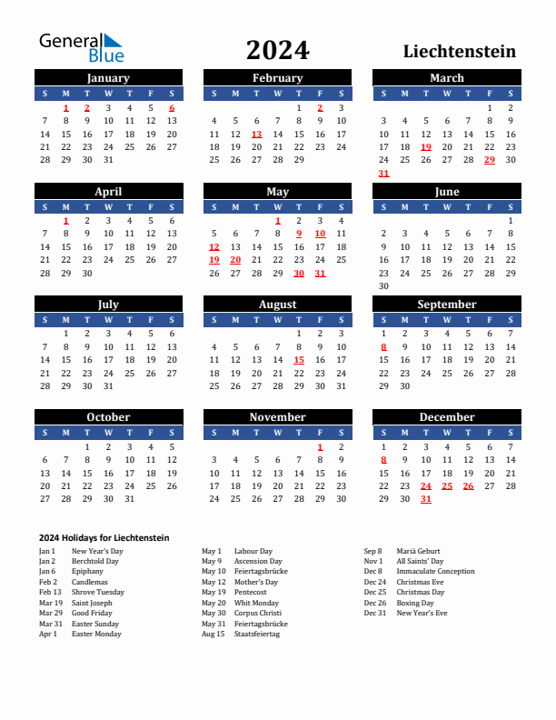 2024 Liechtenstein Holiday Calendar
