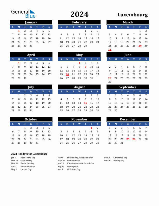 2024 Luxembourg Holiday Calendar